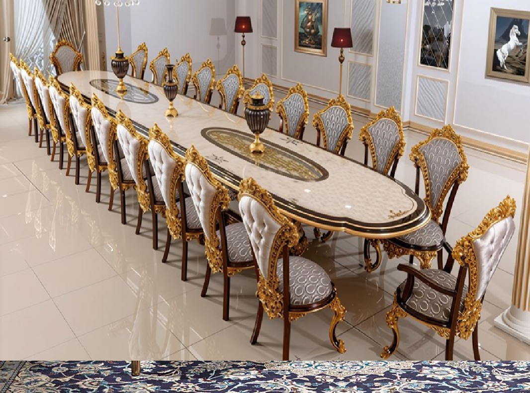 Royal Craft Furniture Luxury 22-Seater Dining Table with Hand-Carved Vintage Royal Detailing and Gold Accents