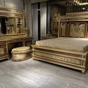 Royal Craft Furniture Golden Age Bedroom Ensemble – Handcrafted European Masterpiece with Ornate Gold Leaf Carvings, Elegant Mirror Accents, and Royal Headboard Design