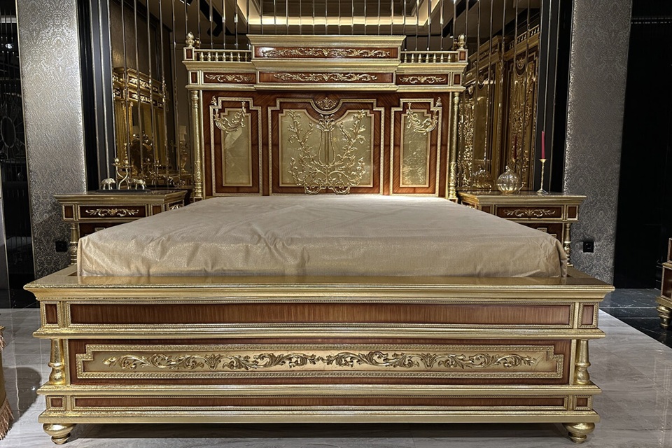 Royal Craft Furniture Golden Age Bedroom Ensemble – Handcrafted European Masterpiece with Ornate Gold Leaf Carvings, Elegant Mirror Accents, and Royal Headboard Design - Image 3