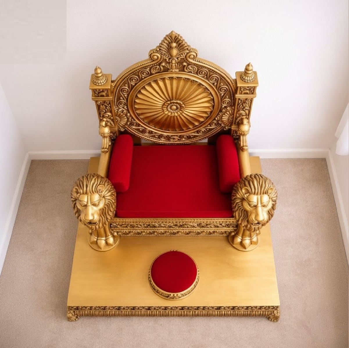 Royal Craft Furniture Traditional Wooden Guruji Chair Singhasan in Teak Wood with Lion Handles - Image 5