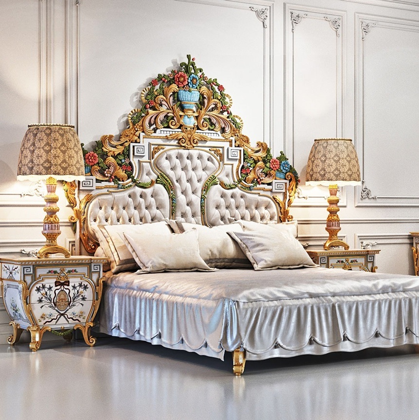Royal Craft Furniture Traditional Hand-Painted Headboard with Heavy Floral Carving – Luxurious Antique Bed Design - Image 5