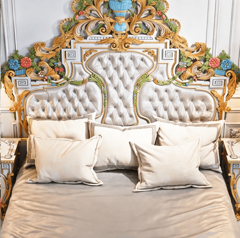 Royal Craft Furniture Traditional Hand-Painted Headboard with Heavy Floral Carving – Luxurious Antique Bed Design - Image 4