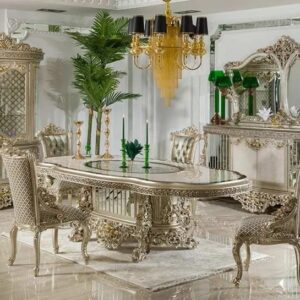 Royal Craft Furniture Imperial European Silver Royal Dining Set with Heavy Hand-Carved Detailing, Regal Upholstered Chairs And Ornate Display Cabinet