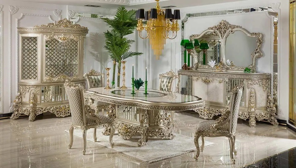 Royal Craft Furniture Imperial European Silver Royal Dining Set with Heavy Hand-Carved Detailing, Regal Upholstered Chairs And Ornate Display Cabinet
