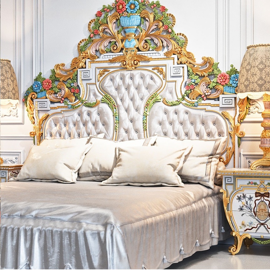 Royal Craft Furniture Traditional Hand-Painted Headboard with Heavy Floral Carving – Luxurious Antique Bed Design - Image 3