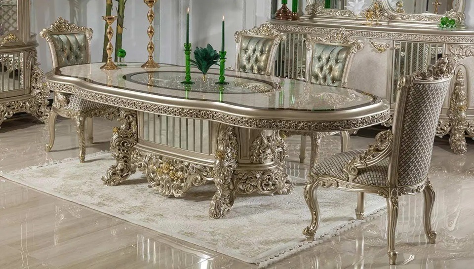 Royal Craft Furniture Imperial European Silver Royal Dining Set with Heavy Hand-Carved Detailing, Regal Upholstered Chairs And Ornate Display Cabinet - Image 3