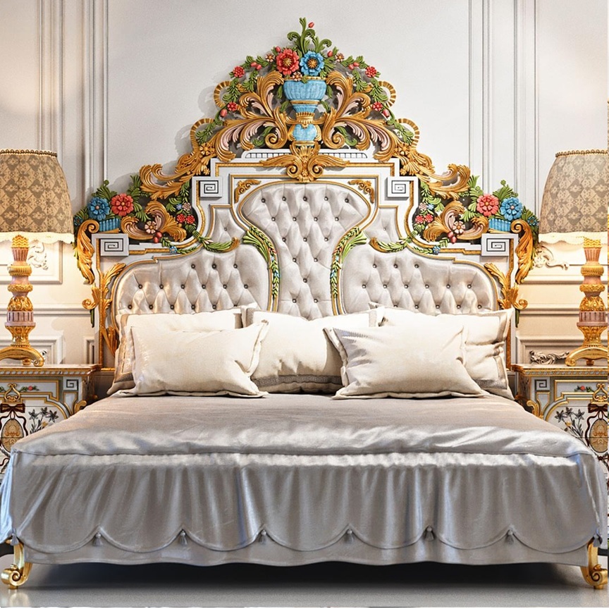 Royal Craft Furniture Traditional Hand-Painted Headboard with Heavy Floral Carving – Luxurious Antique Bed Design - Image 2