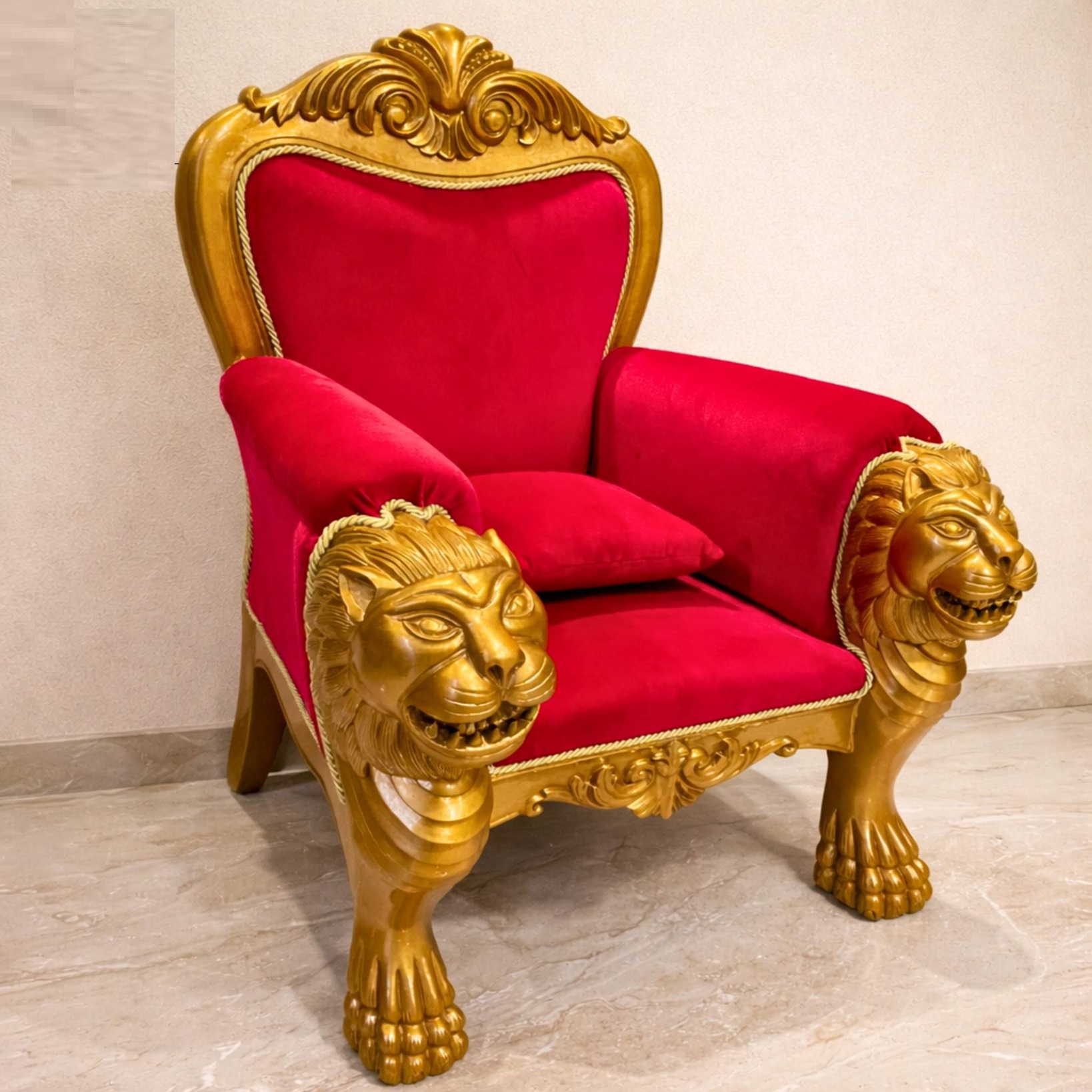 Royal Craft Furniture Wooden Guruji Chair with Lion Faces in Teak Wood & Red Velvet - Image 5