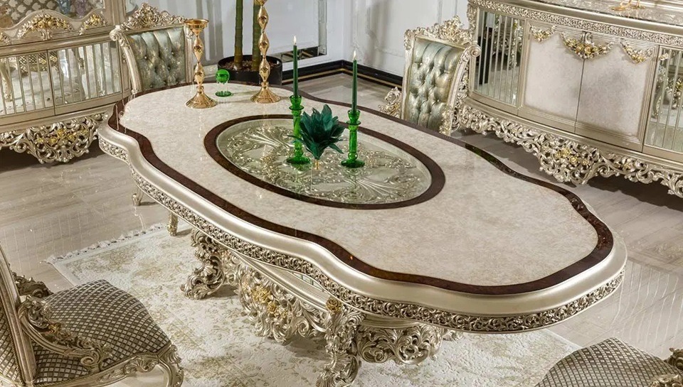 Royal Craft Furniture Imperial European Silver Royal Dining Set with Heavy Hand-Carved Detailing, Regal Upholstered Chairs And Ornate Display Cabinet - Image 2