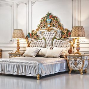 Royal Craft Furniture Traditional Hand-Painted Headboard with Heavy Floral Carving – Luxurious Antique Bed Design