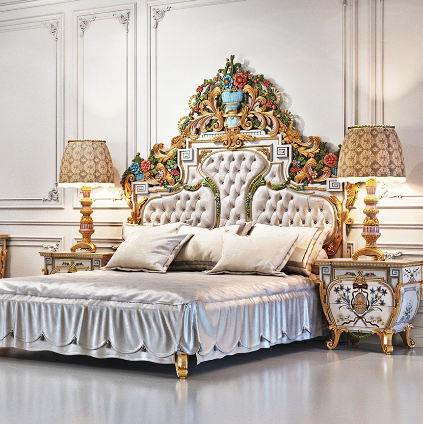 Royal Craft Furniture Traditional Hand-Painted Headboard with Heavy Floral Carving – Luxurious Antique Bed Design