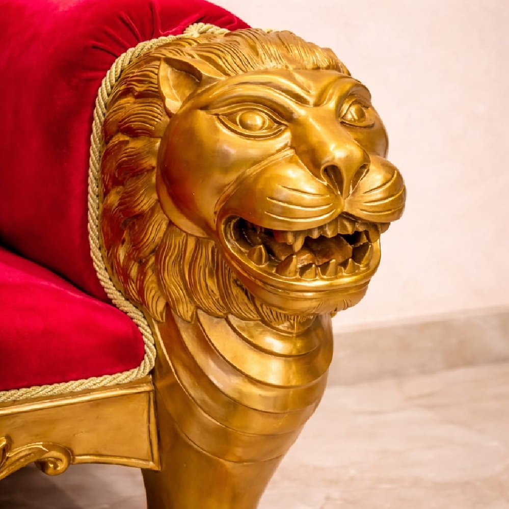 Royal Craft Furniture Wooden Guruji Chair with Lion Faces in Teak Wood & Red Velvet - Image 4