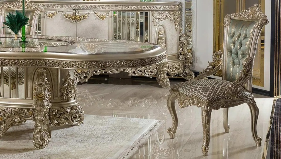 Royal Craft Furniture Imperial European Silver Royal Dining Set with Heavy Hand-Carved Detailing, Regal Upholstered Chairs And Ornate Display Cabinet - Image 4