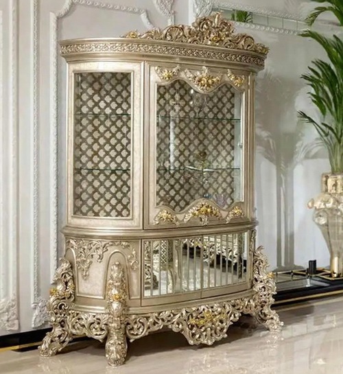 Royal Craft Furniture Imperial European Silver Royal Dining Set with Heavy Hand-Carved Detailing, Regal Upholstered Chairs And Ornate Display Cabinet - Image 5