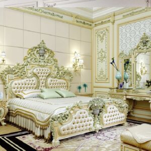 Royal Craft Furniture Antique Baroque Bed – Hand-Carved Floral Accents