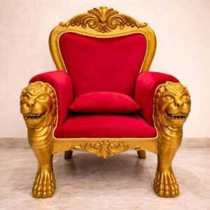 Royal Craft Furniture Wooden Guruji Chair with Lion Faces in Teak Wood & Red Velvet