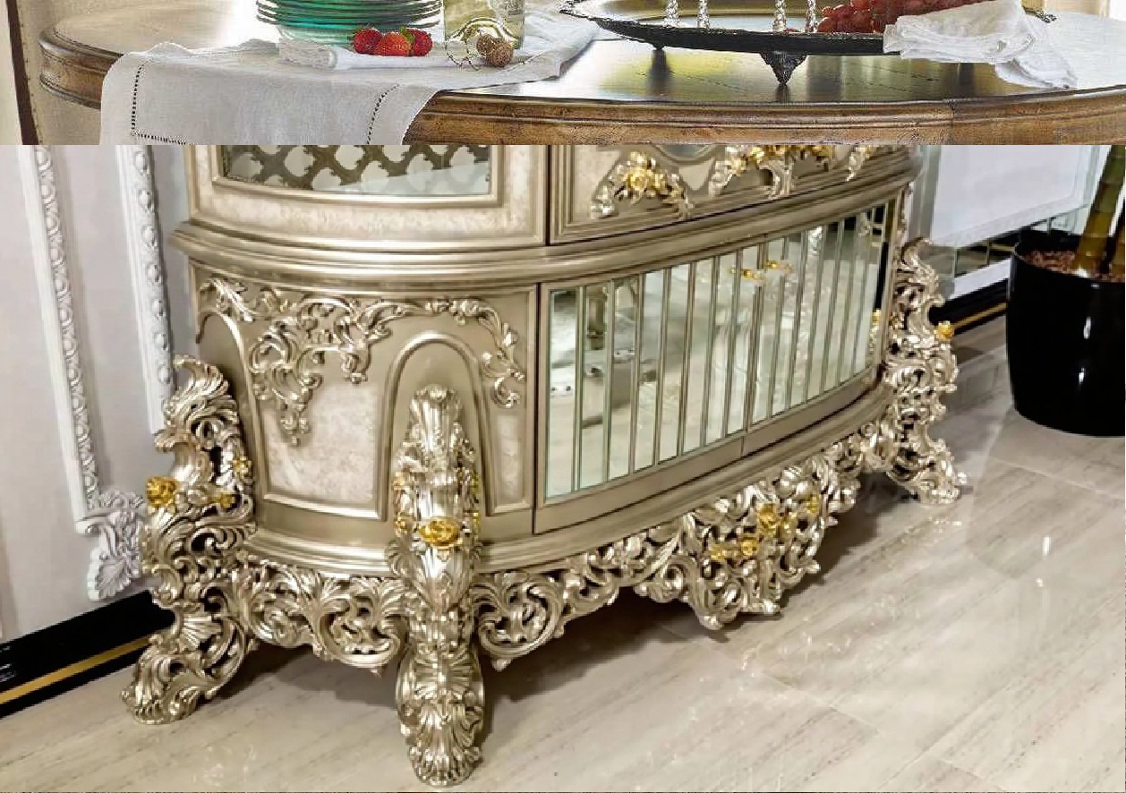 Royal Craft Furniture Imperial European Silver Royal Dining Set with Heavy Hand-Carved Detailing, Regal Upholstered Chairs And Ornate Display Cabinet - Image 7