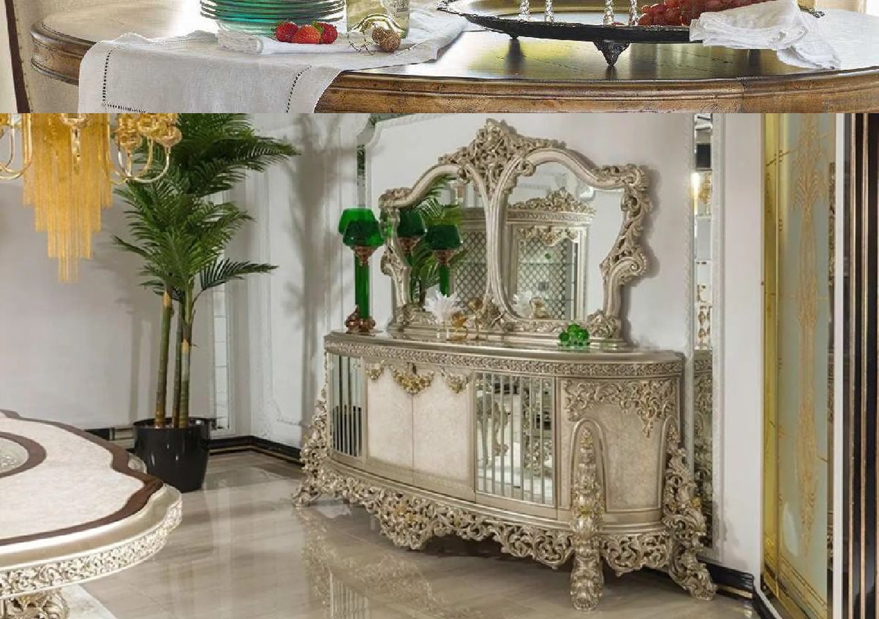 Royal Craft Furniture Imperial European Silver Royal Dining Set with Heavy Hand-Carved Detailing, Regal Upholstered Chairs And Ornate Display Cabinet - Image 8