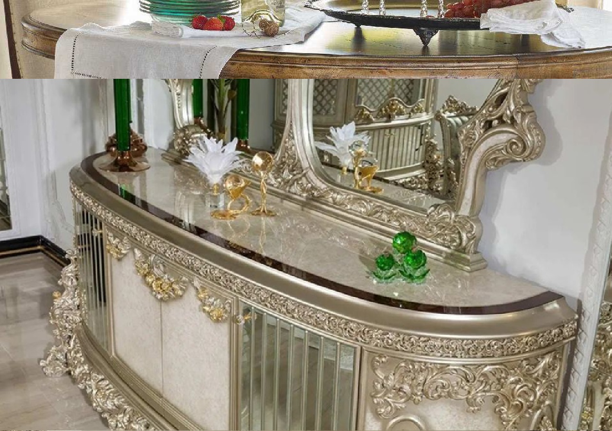 Royal Craft Furniture Imperial European Silver Royal Dining Set with Heavy Hand-Carved Detailing, Regal Upholstered Chairs And Ornate Display Cabinet - Image 6