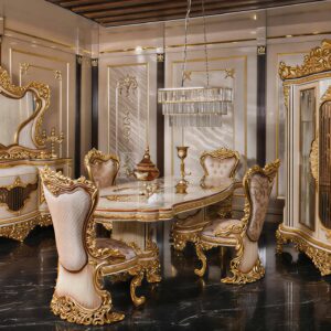 Royal Craft Furniture Ultra-Premium European Royal Dining Set with Heavy Gold Carving, Handcrafted Display Cabinet And Marble Finished Dining Table