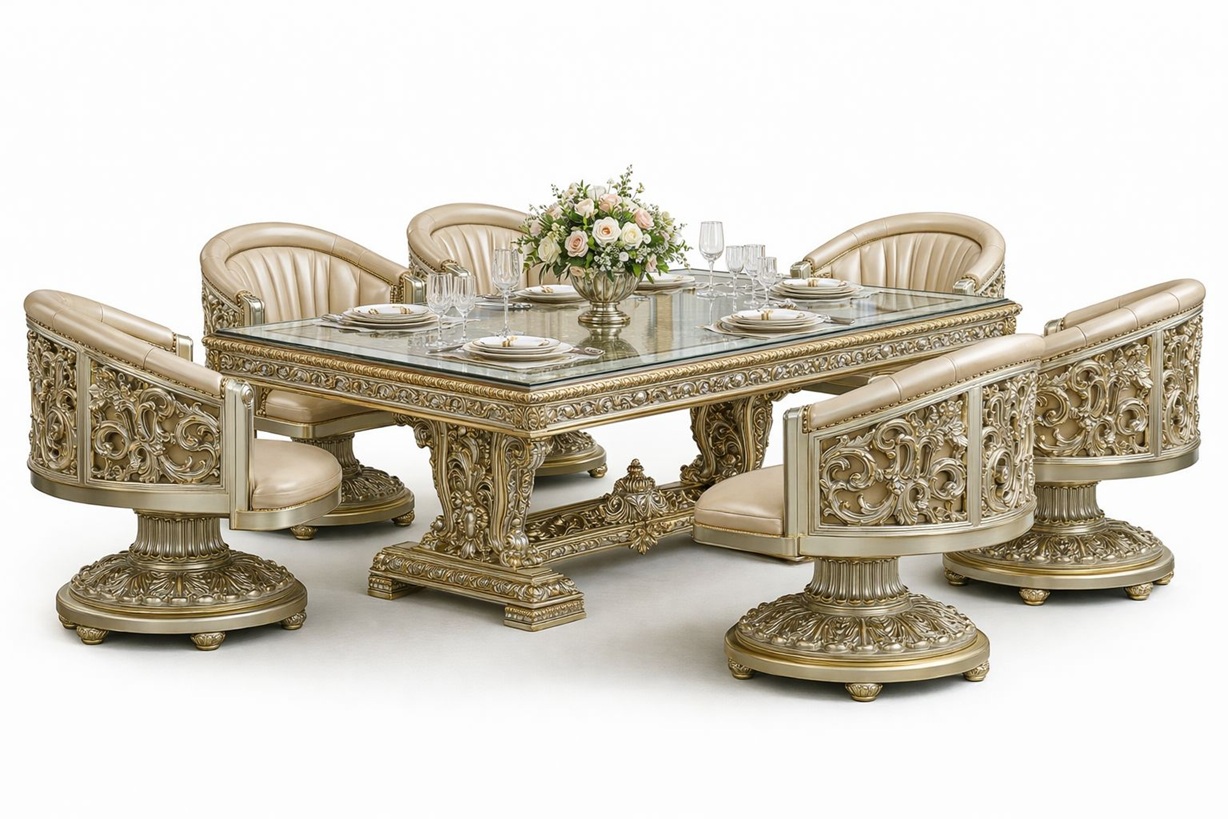 Royal Craft Furniture Grand Royal Gold Leaf Ornate Dining Set with Glass-Top Table & Fully Carved Swivel Barrel Chairs – Ultra-Luxury Classic Collection - Image 5