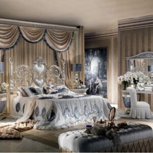 Royal Craft Furniture Grand Luxury Silver Bedroom Set with Scroll Work Heart Headboard, Crystal Top Posts, Ornamental Side Tables And Decorative Baroque Mirror