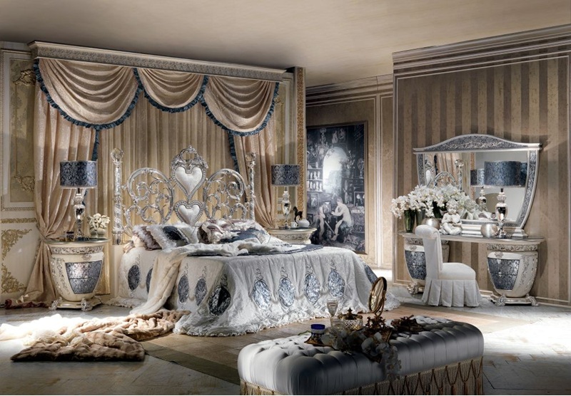 Royal Craft Furniture Grand Luxury Silver Bedroom Set with Scroll Work Heart Headboard, Crystal Top Posts, Ornamental Side Tables And Decorative Baroque Mirror