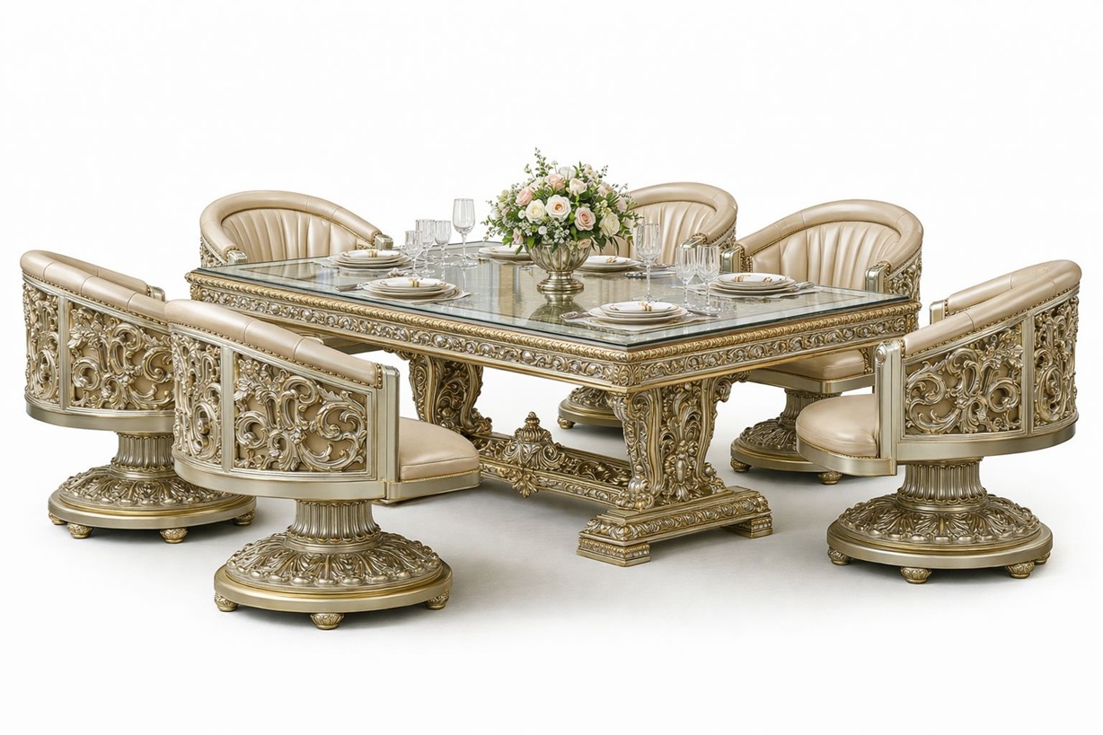 Royal Craft Furniture Grand Royal Gold Leaf Ornate Dining Set with Glass-Top Table & Fully Carved Swivel Barrel Chairs – Ultra-Luxury Classic Collection