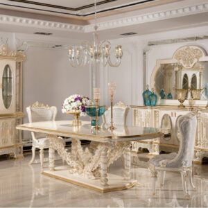 Royal Craft Furniture Royal Ivory-Gold Carved Dining Room Set with Ornamental Pedestal Table, Elegant Upholstered Chairs, Grand Buffet Mirror And Decorative Curio Cabinet