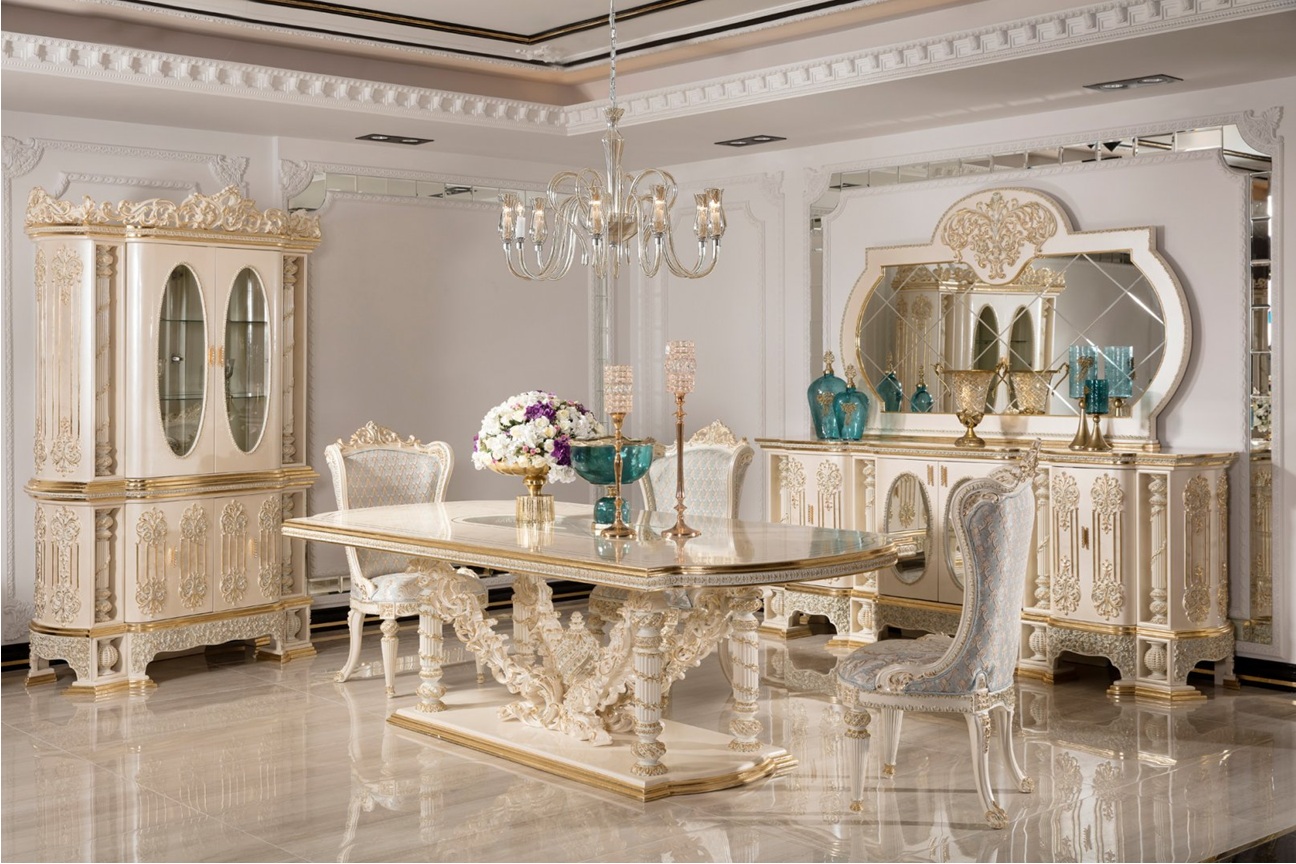 Royal Craft Furniture Royal Ivory-Gold Carved Dining Room Set with Ornamental Pedestal Table, Elegant Upholstered Chairs, Grand Buffet Mirror And Decorative Curio Cabinet