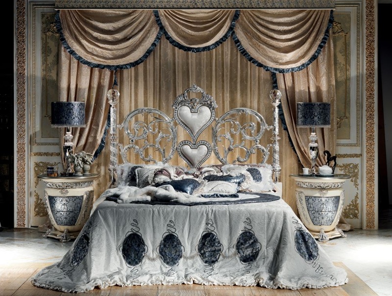 Royal Craft Furniture Grand Luxury Silver Bedroom Set with Scroll Work Heart Headboard, Crystal Top Posts, Ornamental Side Tables And Decorative Baroque Mirror - Image 2