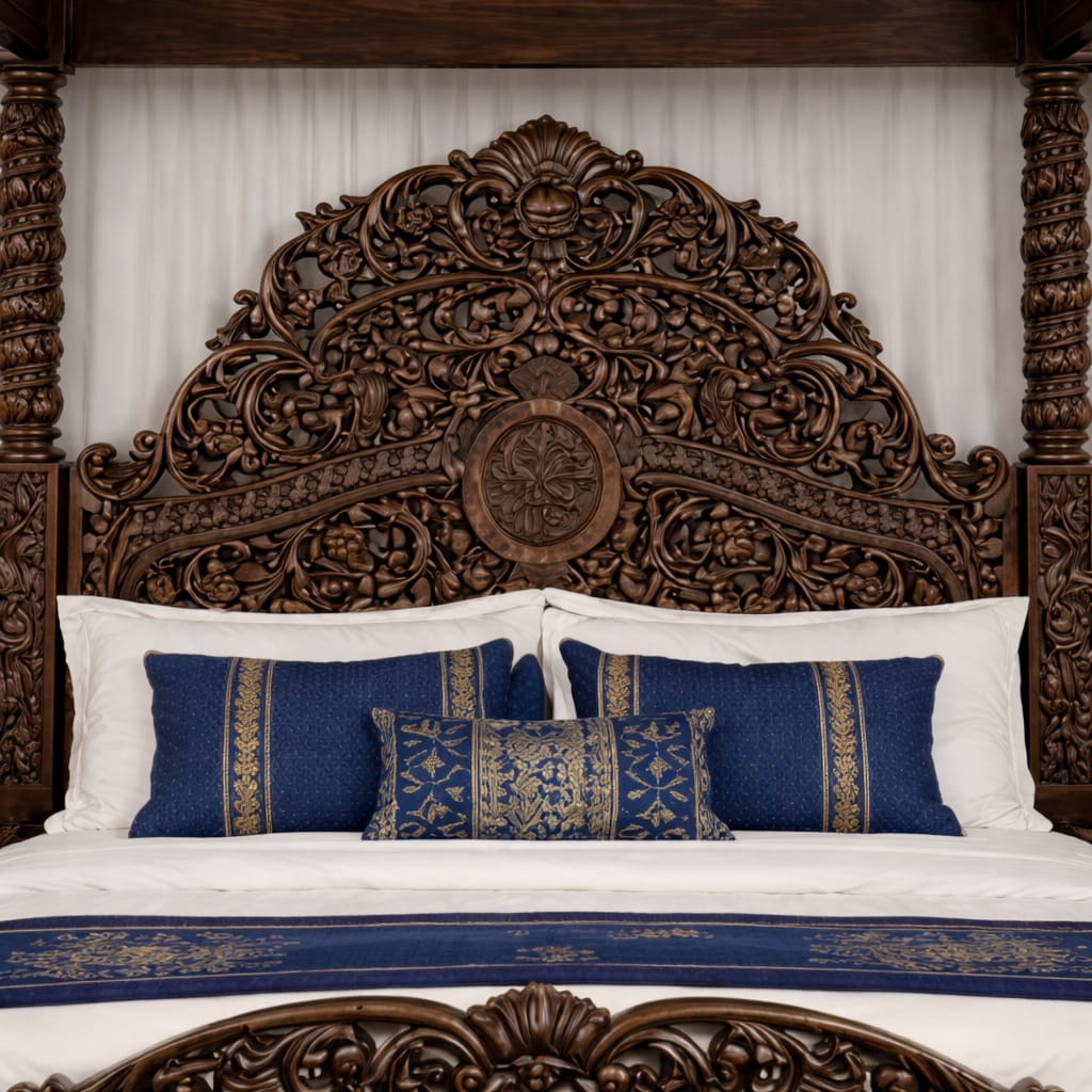 Royal Craft Furniture Royal Maharaja Hand-Carved Luxury Poster Bed with Intricate Wooden Detailing - Image 3