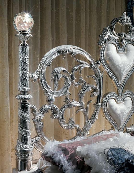 Royal Craft Furniture Grand Luxury Silver Bedroom Set with Scroll Work Heart Headboard, Crystal Top Posts, Ornamental Side Tables And Decorative Baroque Mirror - Image 3