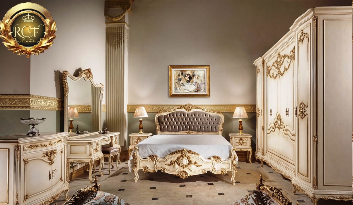 Royal Craft Furniture Beautiful French Style Antique Gold and White Finish Bedroom Set