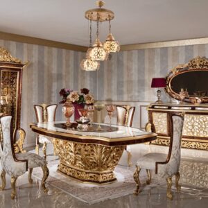 Royal Craft Furniture Heavy Carved Luxury Dining Table Set in Baroque Style | Solid Wood Frame with Gold Leaf Carvings, Elegant Fabric Chairs, Matching Buffet, and Mirror Console | Classic Italian Furniture