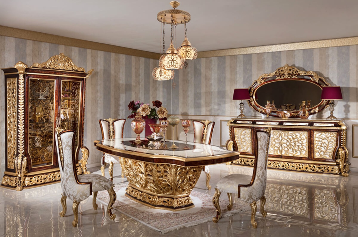 Royal Craft Furniture Heavy Carved Luxury Dining Table Set in Baroque Style | Solid Wood Frame with Gold Leaf Carvings, Elegant Fabric Chairs, Matching Buffet, and Mirror Console | Classic Italian Furniture