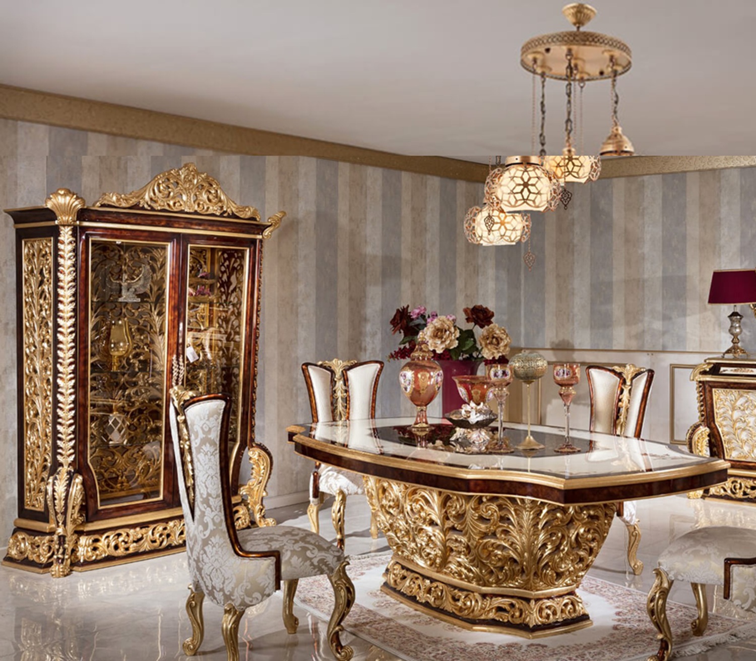 Royal Craft Furniture Heavy Carved Luxury Dining Table Set in Baroque Style | Solid Wood Frame with Gold Leaf Carvings, Elegant Fabric Chairs, Matching Buffet, and Mirror Console | Classic Italian Furniture - Image 2