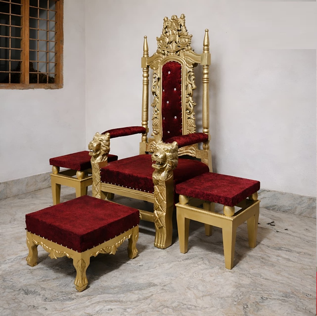 Royal Craft Furniture Wooden Carving Chair Design for Guruji foot step two side table - Image 2