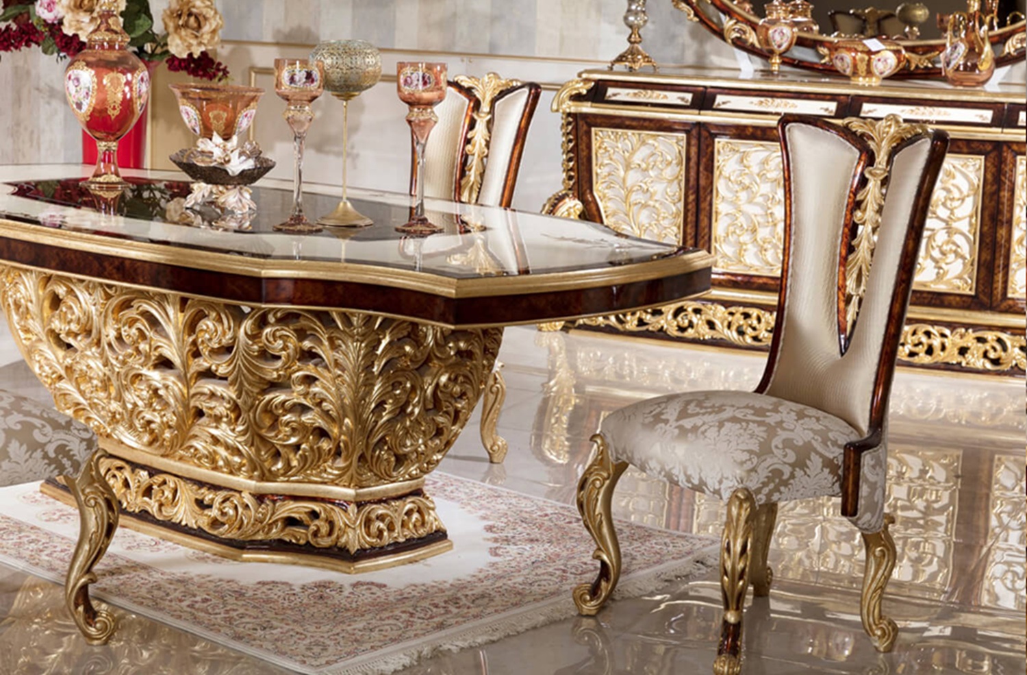 Royal Craft Furniture Heavy Carved Luxury Dining Table Set in Baroque Style | Solid Wood Frame with Gold Leaf Carvings, Elegant Fabric Chairs, Matching Buffet, and Mirror Console | Classic Italian Furniture - Image 3