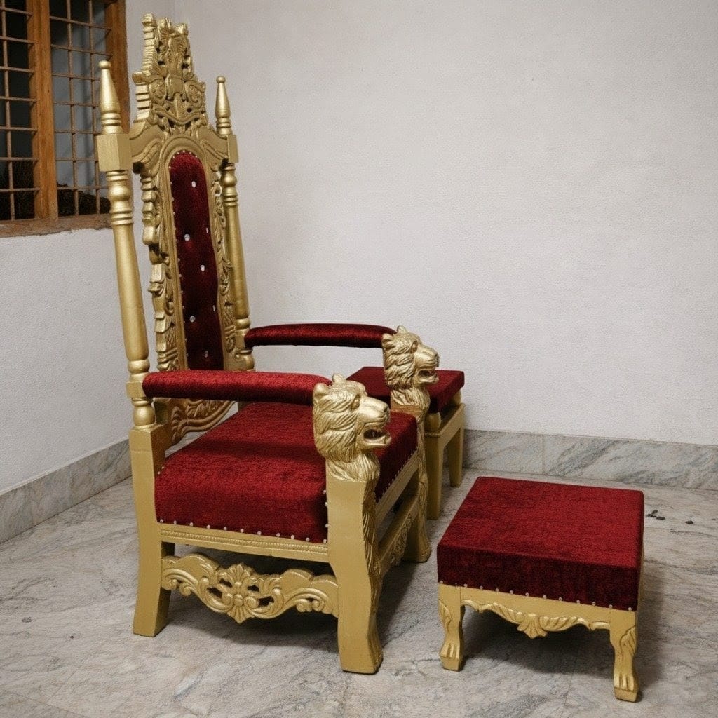 Royal Craft Furniture Wooden Carving Chair Design for Guruji foot step two side table - Image 3