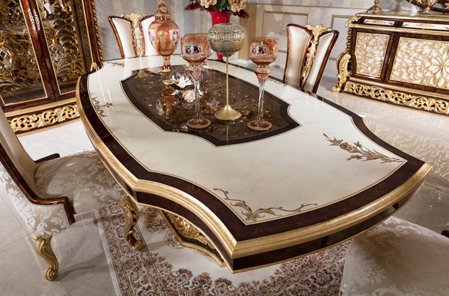 Royal Craft Furniture Heavy Carved Luxury Dining Table Set in Baroque Style | Solid Wood Frame with Gold Leaf Carvings, Elegant Fabric Chairs, Matching Buffet, and Mirror Console | Classic Italian Furniture - Image 4
