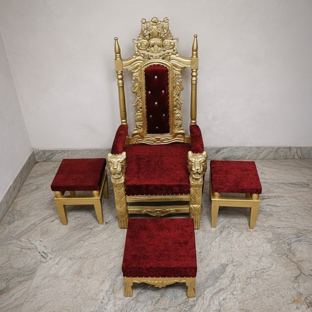 Royal Craft Furniture Wooden Carving Chair Design for Guruji foot step two side table