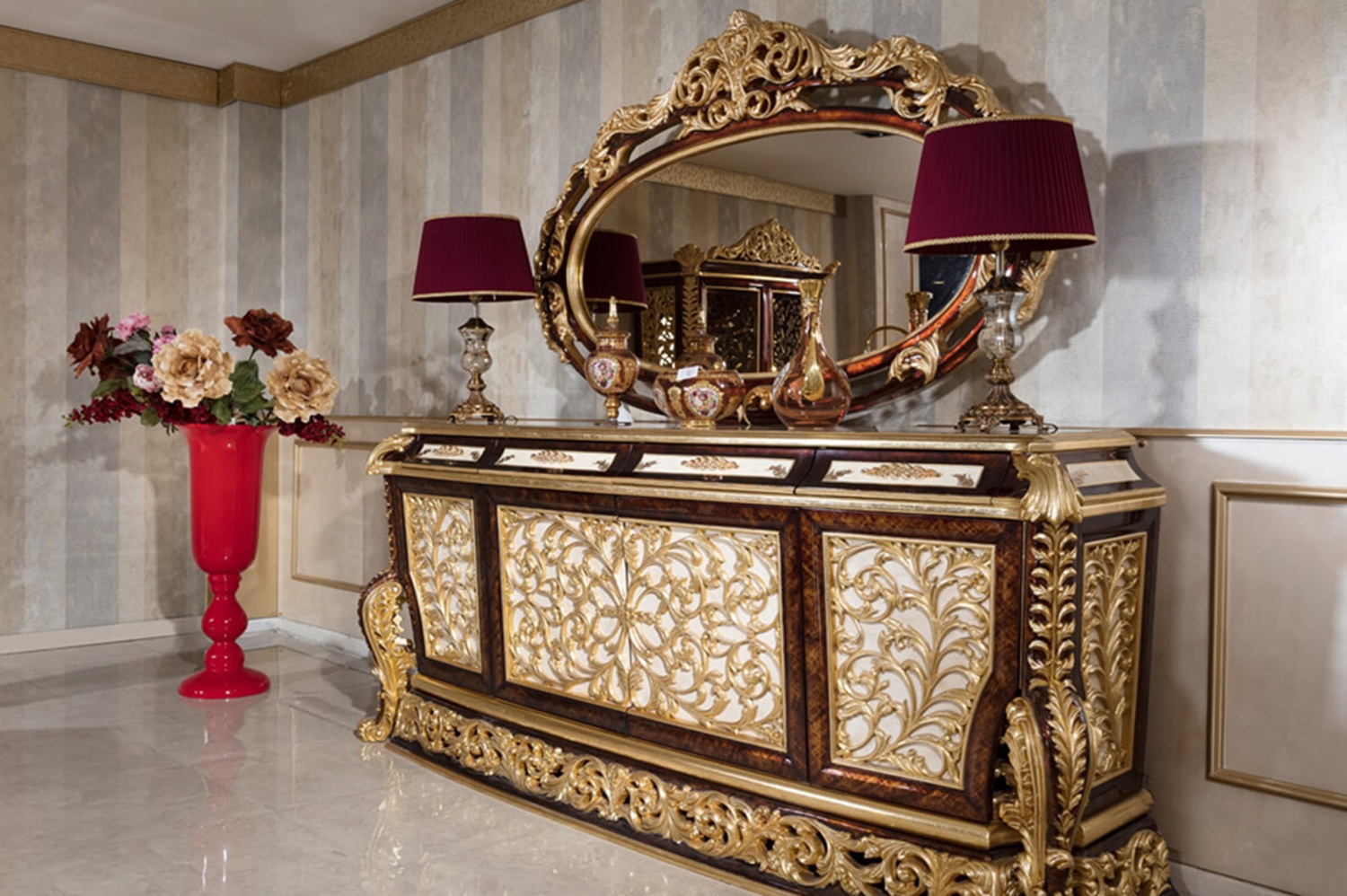 Royal Craft Furniture Heavy Carved Luxury Dining Table Set in Baroque Style | Solid Wood Frame with Gold Leaf Carvings, Elegant Fabric Chairs, Matching Buffet, and Mirror Console | Classic Italian Furniture - Image 5