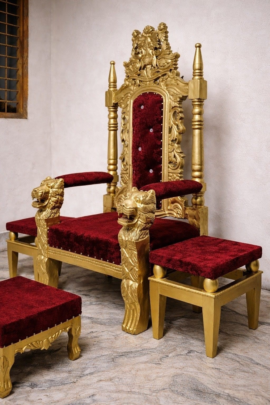 Royal Craft Furniture Wooden Carving Chair Design for Guruji foot step two side table - Image 5
