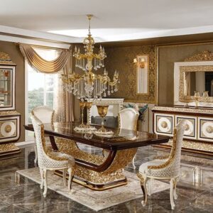 Royal Craft Furniture  Ultra Luxury Emperor Heritage Dining Ensemble Detailed with Deep Carved European Motifs, Majestic Golden Highlights And Elite Royal Chairs