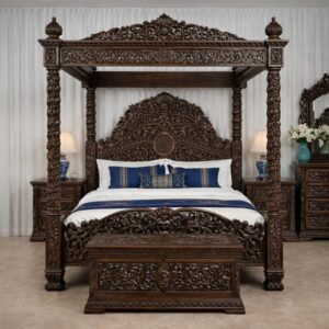 Royal Craft Furniture Royal Maharaja Hand-Carved Luxury Poster Bed with Intricate Wooden Detailing