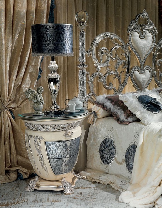 Royal Craft Furniture Grand Luxury Silver Bedroom Set with Scroll Work Heart Headboard, Crystal Top Posts, Ornamental Side Tables And Decorative Baroque Mirror - Image 4