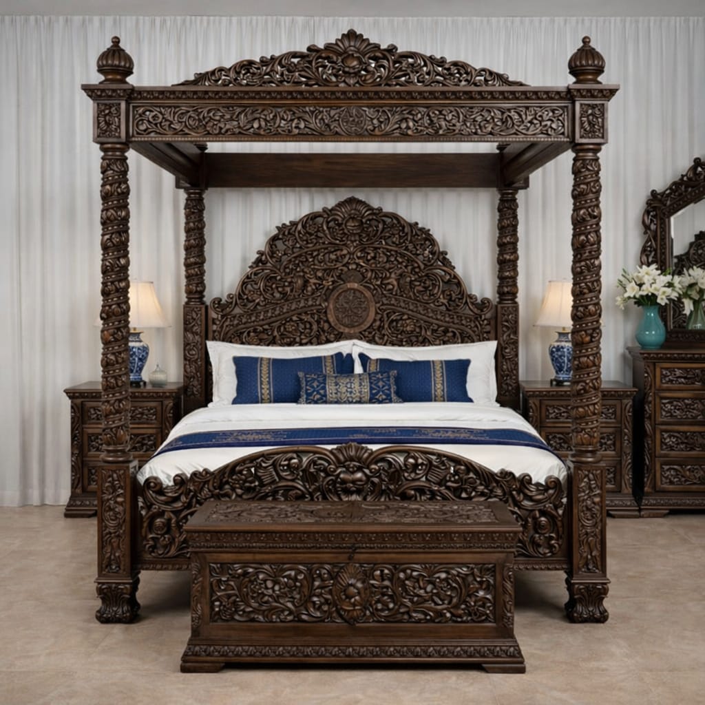 Royal Craft Furniture Royal Maharaja Hand-Carved Luxury Poster Bed with Intricate Wooden Detailing