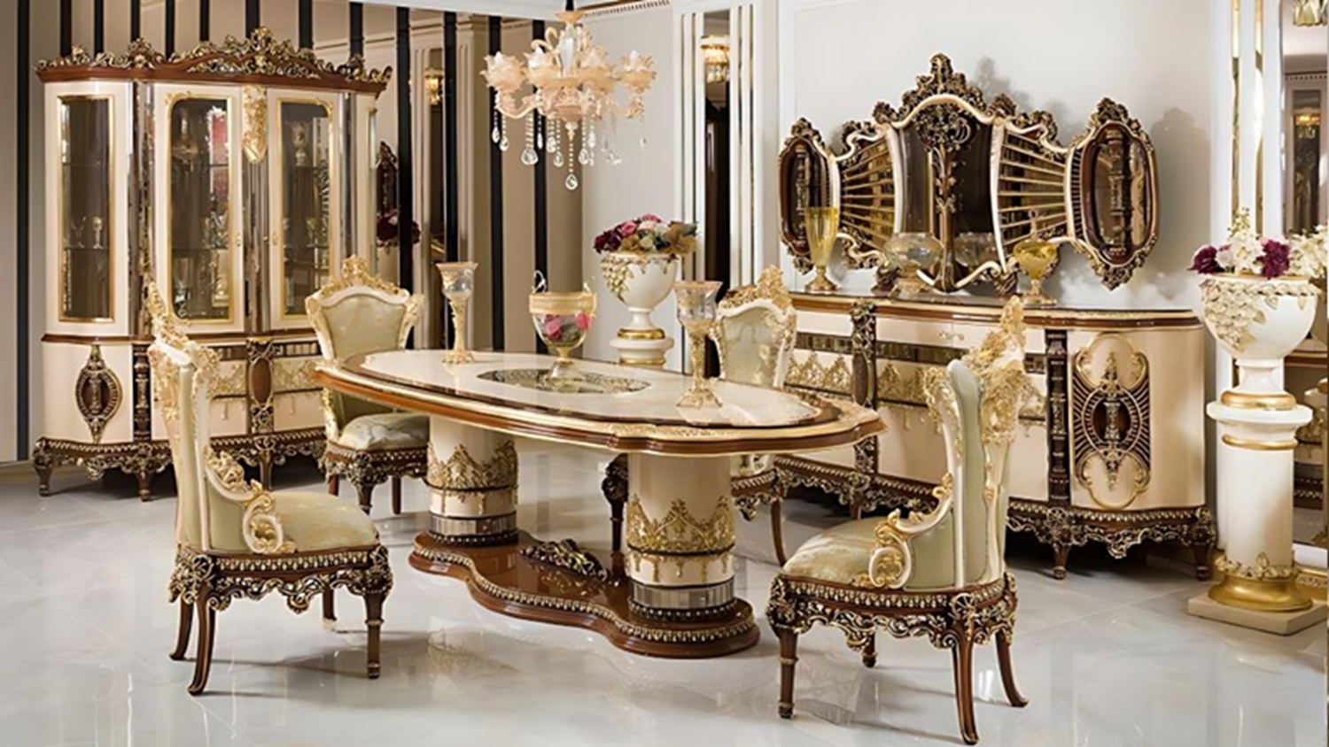 Royal Craft Furniture Luxury Dining Table Set Handcrafted, Gilded Gold Leaf Detailing, Rococo-Inspired, Upholstered Chairs Premium European Design