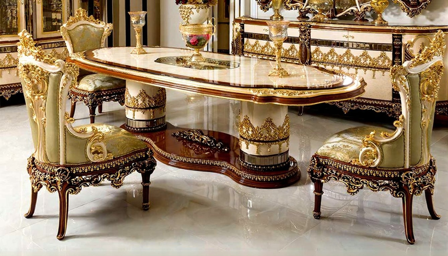 Royal Craft Furniture Luxury Dining Table Set Handcrafted, Gilded Gold Leaf Detailing, Rococo-Inspired, Upholstered Chairs Premium European Design - Image 2